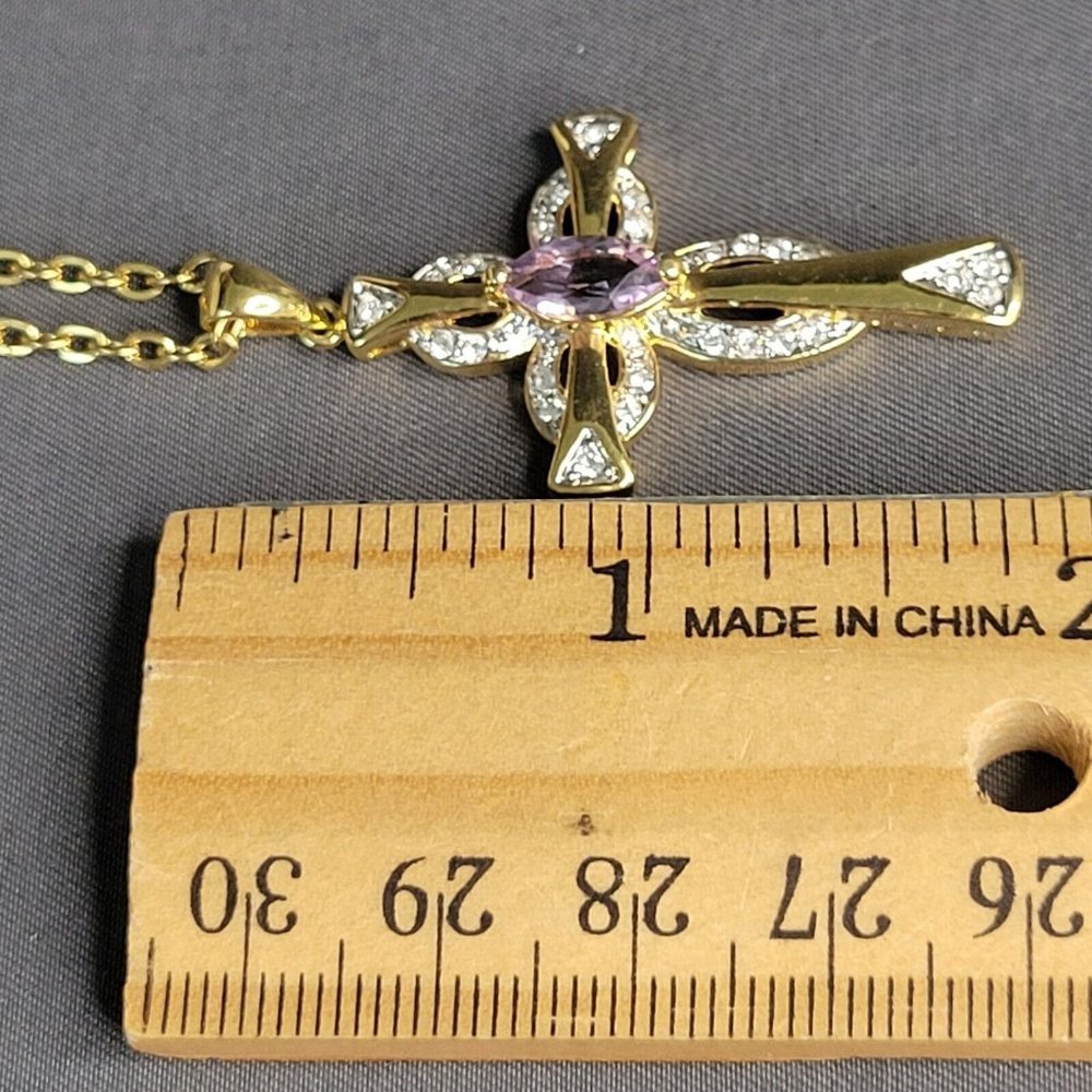 Gold Tone Metal Purple Marquis and Pave Crystals Cross Pendant Necklace 18 in - Picture 8 of 8